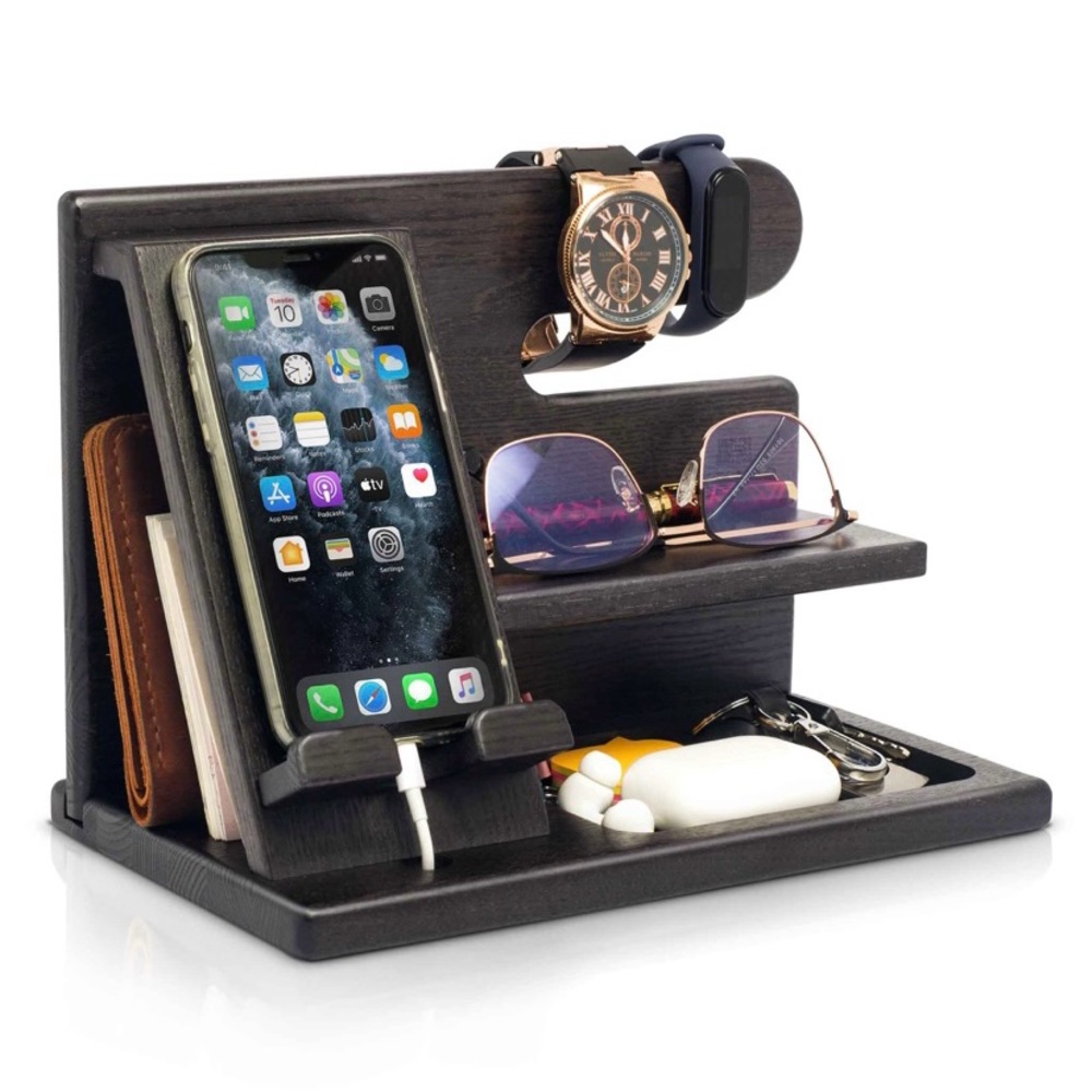 Teslyar Solid Ash Wood Phone Docking Station, Watch, AirPods, Key, Wallet Holder